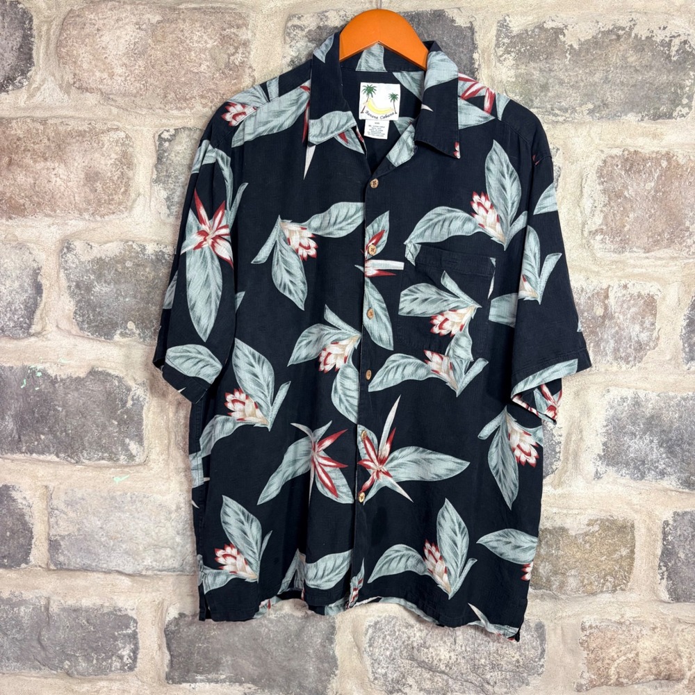 Banana Cabana Men's XL Black 100% Silk Tropical Floral Hawaiian Camp Shirt
